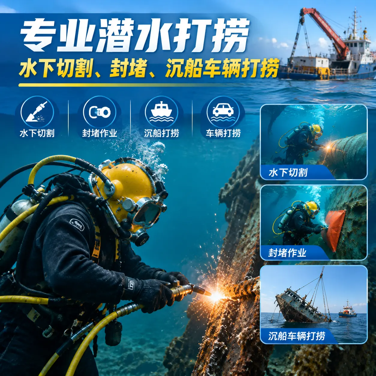 专业潜水打捞|水下切割、封堵、沉船车辆打捞河南